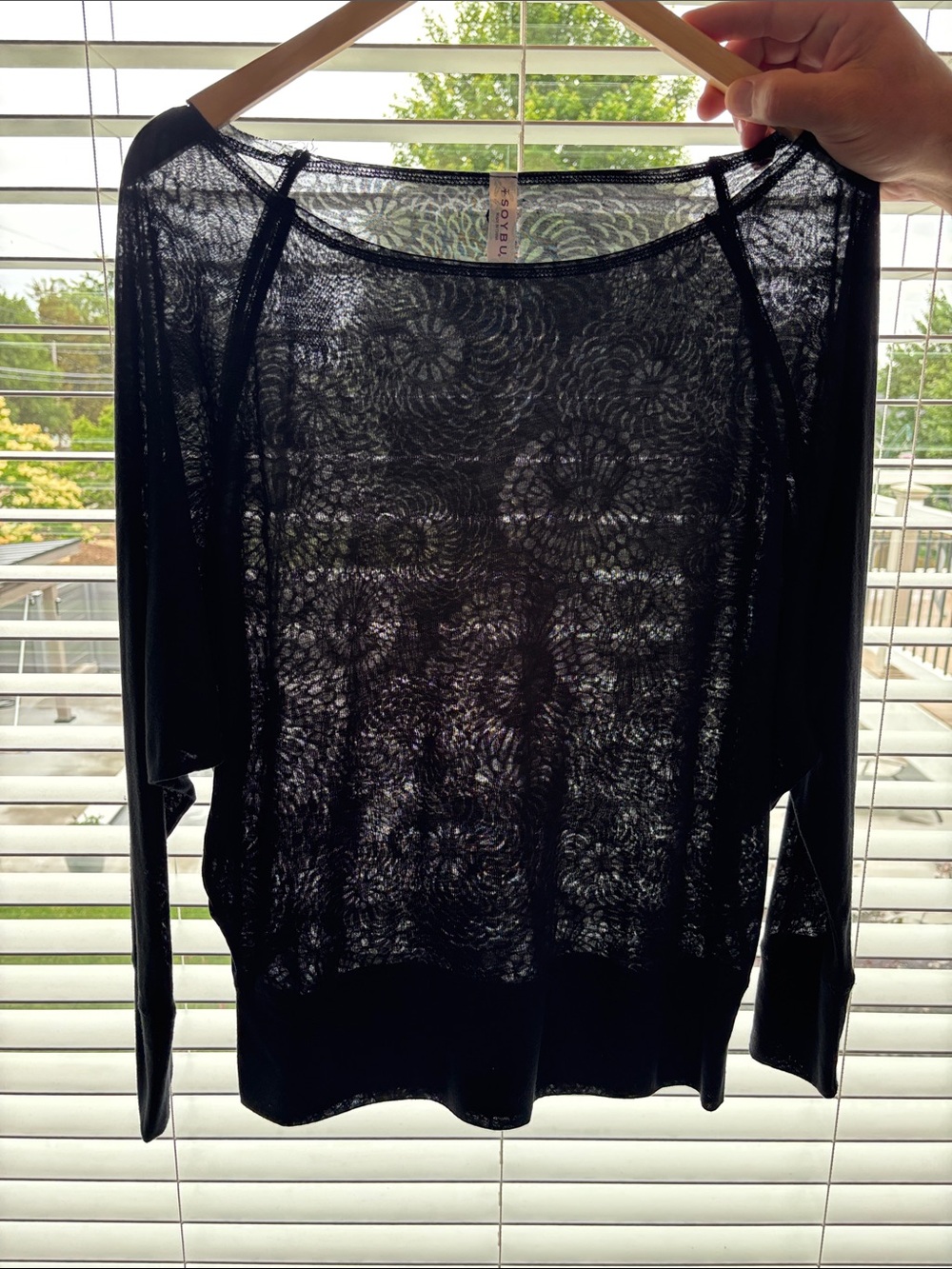 Soybu Black Sheer Floral design Long Sleeve Top